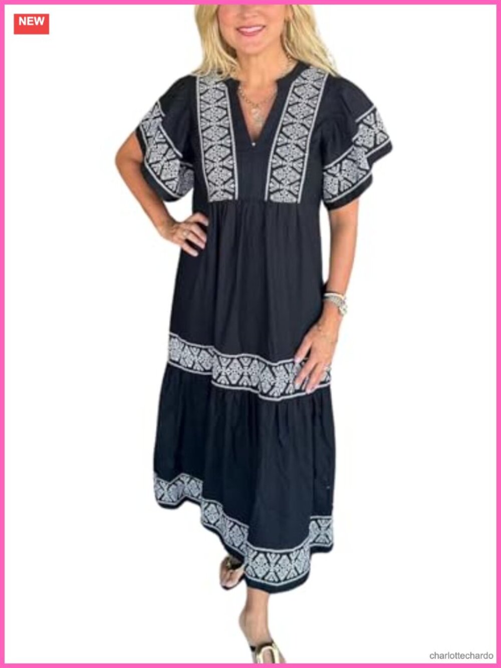 Women's Midi Floral Cotton Blend Notch Neck Flutter Sleeve Casual Tunic Dress